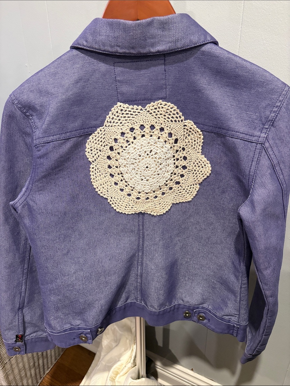 Vintage Guess Jeans Purple Denim Jacket with Crochet Back Patch - one of a kind!